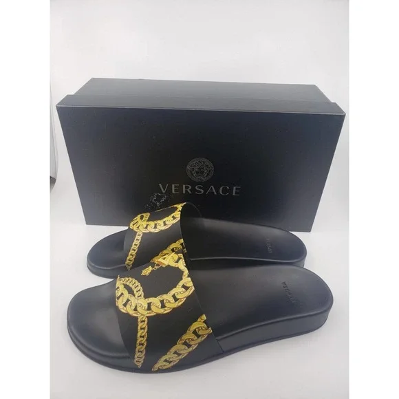 NEW MEN\'S Versace Black & Gold Chain Pool Slides SZ EU 45 US 12 $450 AUTHENTIC Versace Men main image 3
